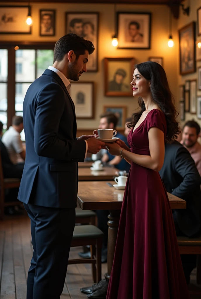 A charming, cozy scene of a young man, wearing a classy suit and tie, offering a beautiful woman, dressed in a stylish dress, a steaming cup of coffee. They're sitting in a quaint café, surrounded by vintage posters and warm, golden lighting. The background reveals more customers enjoying their conversations in the quaint café, with a touch of nostalgia and romantic atmosphere.