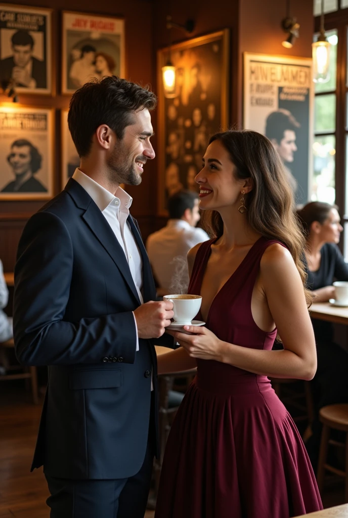 A charming, cozy scene of a young man, wearing a classy suit and tie, offering a beautiful woman, dressed in a stylish dress, a steaming cup of coffee. They're sitting in a quaint café, surrounded by vintage posters and warm, golden lighting. The background reveals more customers enjoying their conversations in the quaint café, with a touch of nostalgia and romantic atmosphere.