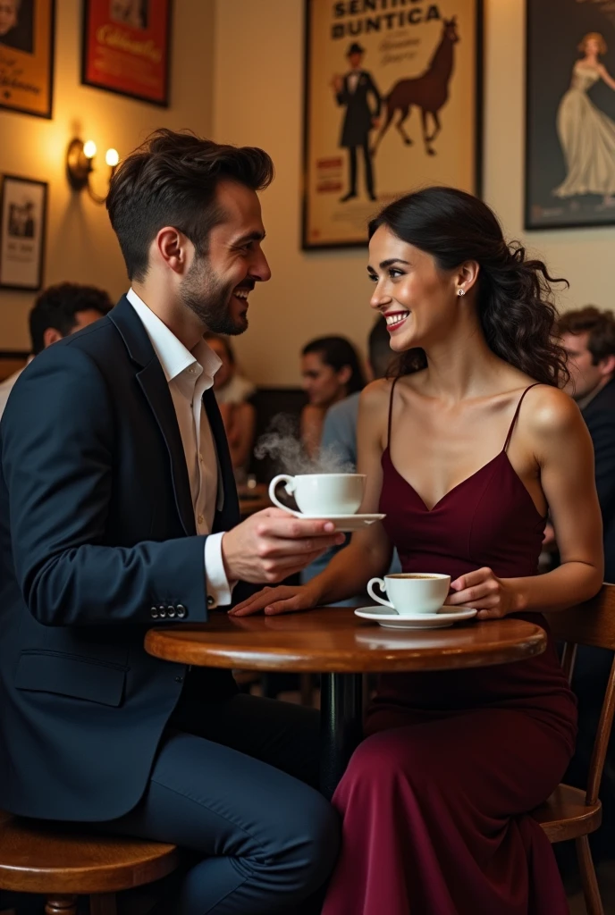 A charming, cozy scene of a young man, wearing a classy suit and tie, offering a beautiful woman, dressed in a stylish dress, a steaming cup of coffee. They're sitting in a quaint café, surrounded by vintage posters and warm, golden lighting. The background reveals more customers enjoying their conversations in the quaint café, with a touch of nostalgia and romantic atmosphere.