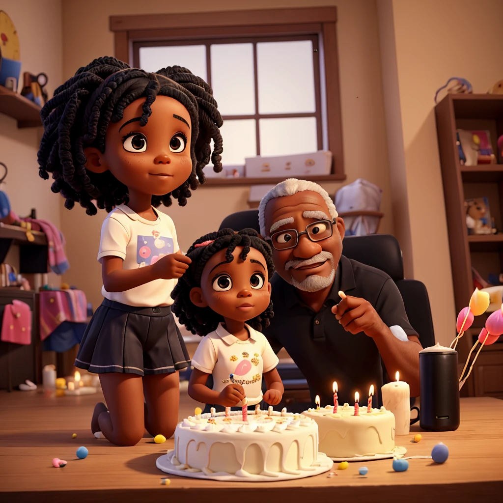  A 5-year-old Black girl blowing out candles on a birthday cake, and a Black father with a camera in his hand.
