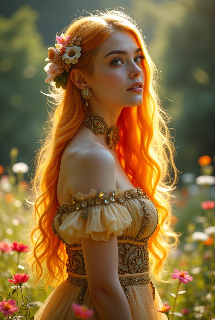 1 girl, by the wide, bright hair color, seductive eyes, mysterious expression, mature appearance, lovely dress, flowy dress, elegant jewelry, intricate decoration, Magic symbols, Bright accessories, potions, scrolls, beautiful accents, Bows, ribbons, flores, big tits and a huge ass while making an ahegao face