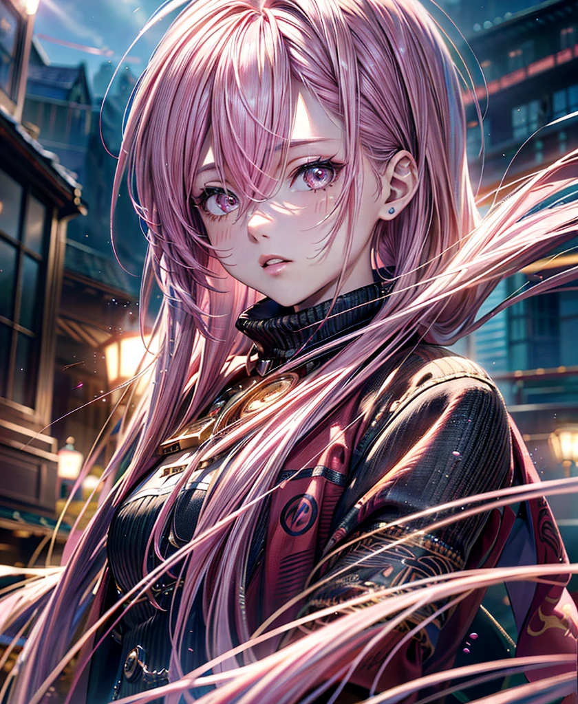 Pink Hair, (Official Art、Highest quality、unity 8k wallpaper、32K、masterpiece、Very detailed、超A High resolution、Realistic、Photorealistic:1.2)、(Cinema Lighting:1.2), High resolution, (masterpiece: 1.4), Very detailed, one person's, Platinum Blonde, Medium Hair, Red eyes, Windows on the facade of a high-rise building, Cowboy Shot,