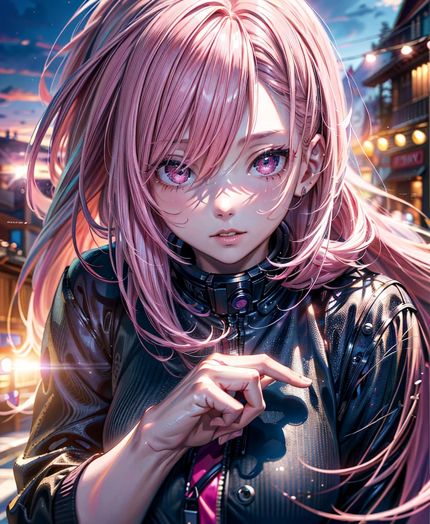 Pink Hair, (Official Art、Highest quality、unity 8k wallpaper、32K、​masterpiece、Very detailed、超A High resolution、Realistic、Photorealistic:1.2)、(Cinema Lighting:1.2), High resolution, (masterpiece: 1.4), Very detailed, one person&#39;s, Platinum Blonde, Medium Hair, Red eyes, Windows on the facade of a high-rise building, Cowboy Shot,