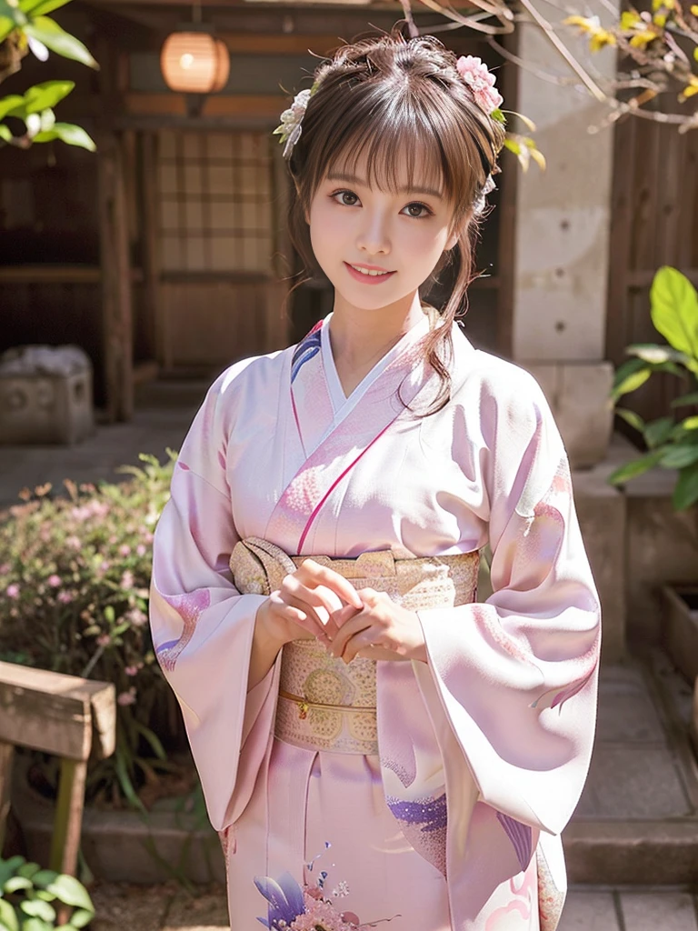 white kimono、pink Japanese pattern、(Furisode:1.5)、or、(top grade)、1 woman、、Full body Esbian、black haired、tie hair back、(realistic:1.7)、((best image quality))、absurd、(超A high resolution)、(Photoreal:1.6)、Photoreal、octane rendering、(超realistic:1.2)、(realistic face:1.2)、(8k)、(4k)、(masterpiece)、(realistic skin texture)、(enlightenment、movie lighting、wall-)、(beautiful eyes:1.2)、((((perfect face))))、(Cute face like an idol:1.2)、( Are standing)、shrine、Bird ready、(January)、detailed cute face、real beauty、laughter、