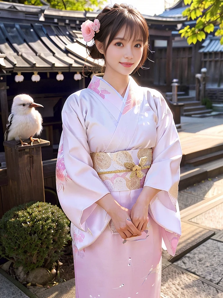 white kimono、pink Japanese pattern、(Furisode:1.5)、or、(top grade)、1 woman、、Full body Esbian、black haired、tie hair back、(realistic:1.7)、((best image quality))、absurd、(超A high resolution)、(Photoreal:1.6)、Photoreal、octane rendering、(超realistic:1.2)、(realistic face:1.2)、(8k)、(4k)、(masterpiece)、(realistic skin texture)、(enlightenment、movie lighting、wall-)、(beautiful eyes:1.2)、((((perfect face))))、(Cute face like an idol:1.2)、( Are standing)、shrine、Bird ready、(January)、detailed cute face、real beauty、laughter、