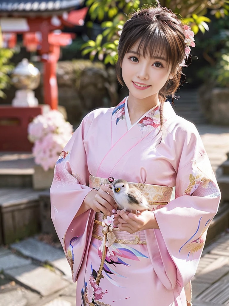 white kimono、pink Japanese pattern、(Furisode:1.5)、or、(top grade)、1 woman、、Full body Esbian、black haired、tie hair back、(realistic:1.7)、((best image quality))、absurd、(超A high resolution)、(Photoreal:1.6)、Photoreal、octane rendering、(超realistic:1.2)、(realistic face:1.2)、(8k)、(4k)、(masterpiece)、(realistic skin texture)、(enlightenment、movie lighting、wall-)、(beautiful eyes:1.2)、((((perfect face))))、(Cute face like an idol:1.2)、( Are standing)、shrine、Bird ready、(January)、detailed cute face、real beauty、laughter、