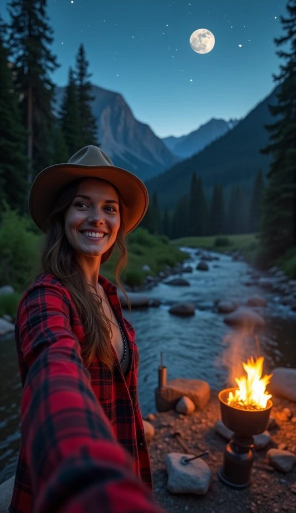 1 woman ((upper body selfie, happy)), masterpiece, best quality, ultra-detailed, solo, outdoor, (night), mountains, nature, (stars, moon) cheerful, happy, backpack, sleeping bag, camping stove, water bottle, country boot, country hat, red plaid shirt long sleeve open, lantern, forest, rocks, river, wood, smoke, shadows, contrast, clear sky, style, (warm hue, warm tone: 1.2), close-up, cinematic light, side lighting, ultra high resolution, best shadow, RAW, upper body, wearing lingerie, seductive look, huge breasts, 4k, open neckline, sexy