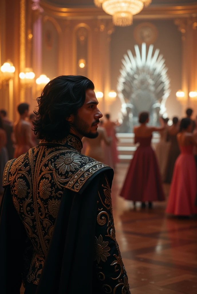Jon Snow at a masquerade ball in Westeros, with the Iron Throne as a crystal throne. 4k