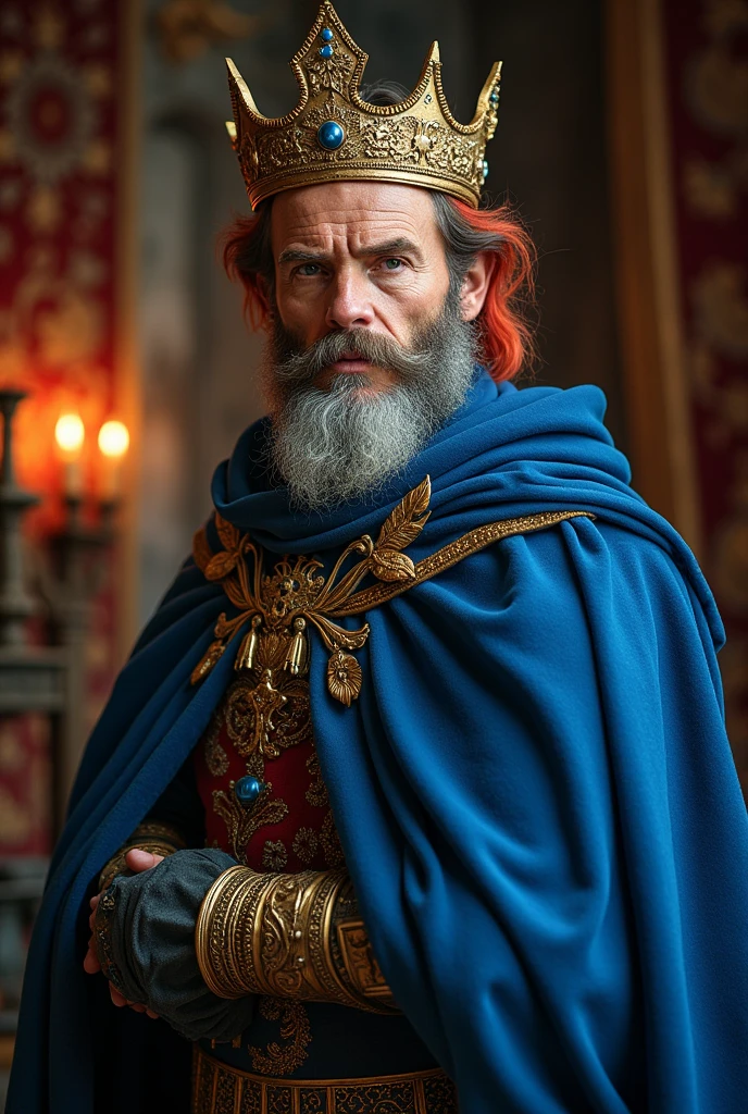 Arafed man with blue crown and cloak, red-haired and gray-haired medieval king, barba ruiva, scruffy beard, age 50 years, shorth hair, portrait of emperor of mankind, highly detailed character, painted in high resolution. mixed with crab