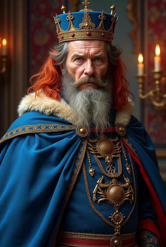 Arafed man with blue crown and cloak, red-haired and gray-haired medieval king, barba ruiva, scruffy beard, age 50 years, shorth hair, portrait of emperor of mankind, highly detailed character, painted in high resolution. mixed with crab