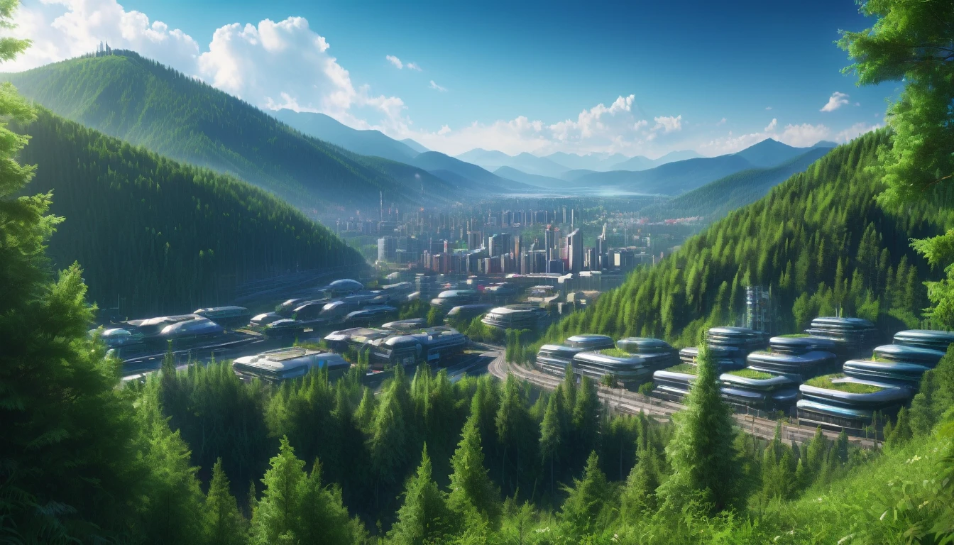 Veliky Ustyug city, cyberpunk, future, view from afar, trees in the background, mountain, 84k, hyper detail, soft lighting, summer, day, cgi, professional photo, high quality, hyperrealism, realistic, depth of field, clarity, beautiful view, digital art, hard focus, intricate details, vibrant details