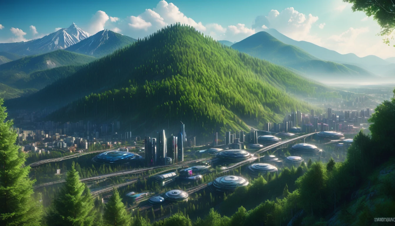 Veliky Ustyug city, cyberpunk, future, view from afar, trees in the background, mountain, 84k, hyper detail, soft lighting, summer, day, cgi, professional photo, high quality, hyperrealism, realistic, depth of field, clarity, beautiful view, digital art, hard focus, intricate details, vibrant details