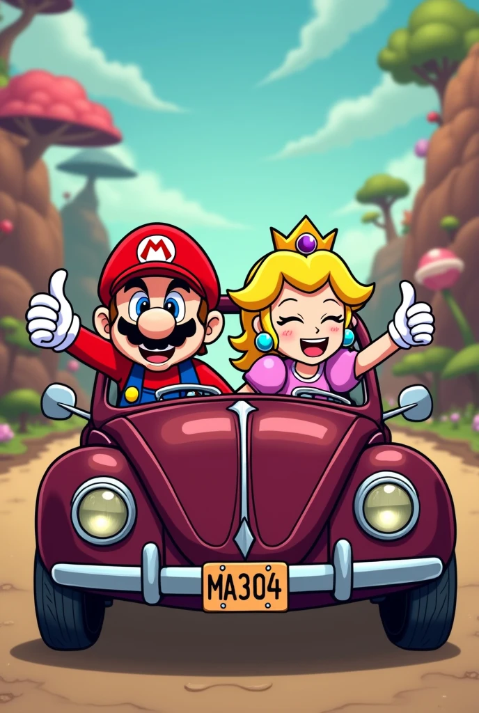 A dark wine colored Beetle, Mario bros and Princess Peach are sitting behind the wheel and put their hand out the side window and show thumbs up like. Cartoon style image of Rick and Morty
