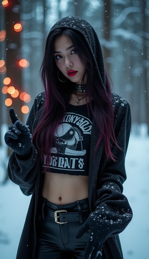 goth girl,1girl,((extremely cute and beautiful black haired anime goth girl)),((())),(large breasts:1.2),((((black wavy hair:1.35,absurdly long unkempt hair,messy hair,colored inner hair,ear breathing)))),((heterochromia:1.5, (purple_eye and red_eye))),intricate eyes,beautiful detailed eyes,symmetrical eyes,Big eyes:1.5,((fat)),(((lustrous skin:1.5,bright skin: 1.5,skin tanned,shiny skin,very shiny skin,shiny body,plastic glitter skin,exaggerated shiny skin,illuminated skin))),(spider lower abdomen,narrow waist,wide hip,athletic body,inflated legs,detailed body,(detailed face)),
cute,slutty,seductive,erotic,(nsfw),
revealing clothing,show skin,((((printed T-shirt:1.3),black leather crop jacket:1.3))),((black leather pants,)),((underpants strap)),((underboob:1.2)),(((Black Eyeshadow,Thick Black Eyeliner,Long Dramatic Eyelashes,Black Lips,Goth Accessories,intricate makeup))),(((intricate outfit,intricate clothes,embroidered outfit,ornate outfit,embroidered clothes,ornate clothes))),
(dynamic pose:1.0),embarrassed,(centered,scale to fit dimensions,Rule of thirds),
((snowy pine forest at night)), with dark stormy clouds,winter,scenery:1.25,((snow forest background)),Christmas tree,
highres,sharp focus,(ultra detailed,extremely detailed),(photorealistic artwork:1.37),(extremely detailed CG unity 8k wallpaper),(((vibrant colors,vibrant theme))),(intricate),(masterpiece),(best quality),