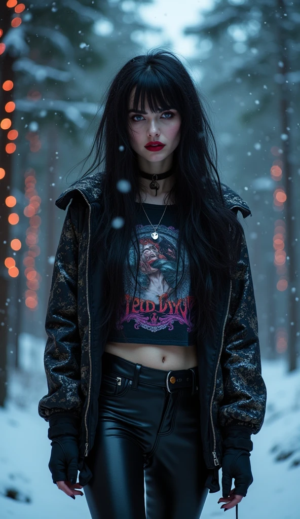 goth girl,1girl,((extremely cute and beautiful black haired anime goth girl)),((())),(large breasts:1.2),((((black wavy hair:1.35,absurdly long unkempt hair,messy hair,colored inner hair,ear breathing)))),((heterochromia:1.5, (purple_eye and red_eye))),intricate eyes,beautiful detailed eyes,symmetrical eyes,Big eyes:1.5,((fat)),(((lustrous skin:1.5,bright skin: 1.5,skin tanned,shiny skin,very shiny skin,shiny body,plastic glitter skin,exaggerated shiny skin,illuminated skin))),(spider lower abdomen,narrow waist,wide hip,athletic body,inflated legs,detailed body,(detailed face)),

cute,slutty,seductive,erotic,(nsfw),

revealing clothing,show skin,((((printed T-shirt:1.3),black leather crop jacket:1.3))),((black leather pants,)),((underpants strap)),((underboob:1.2)),(((Black Eyeshadow,Thick Black Eyeliner,Long Dramatic Eyelashes,Black Lips,Goth Accessories,intricate makeup))),(((intricate outfit,intricate clothes,embroidered outfit,ornate outfit,embroidered clothes,ornate clothes))),

(dynamic pose:1.0),embarrassed,(centered,scale to fit dimensions,Rule of thirds),

((snowy pine forest at night)), with dark stormy clouds,winter,scenery:1.25,((snow forest background)),Christmas tree,

highres,sharp focus,(ultra detailed,extremely detailed),(photorealistic artwork:1.37),(extremely detailed CG unity 8k wallpaper),(((vibrant colors,vibrant theme))),(intricate),(masterpiece),(best quality),