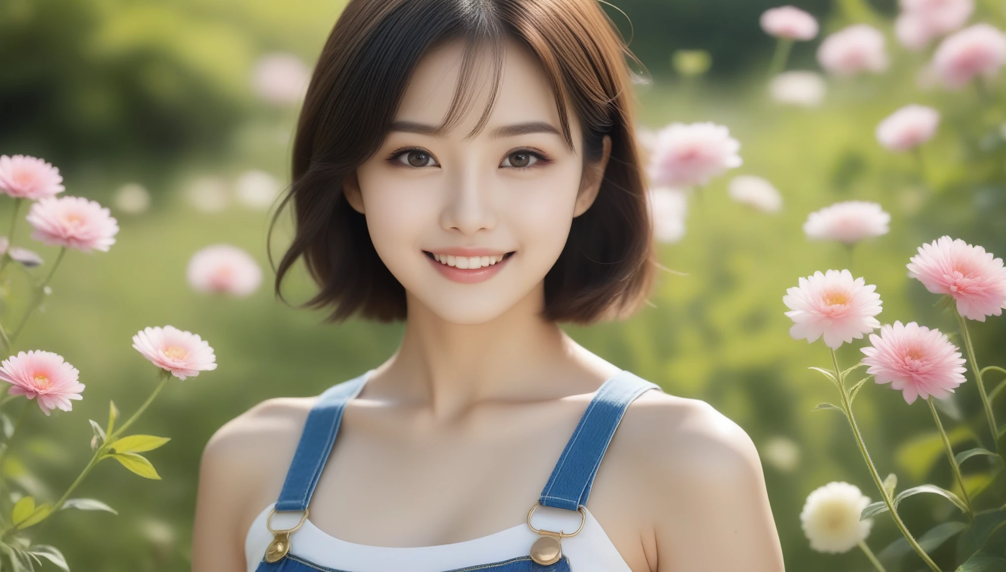 8k, Ultra-high resolution, Highest quality, masterpiece, 三分割法によるphotograph,Surreal, photograph, 1 , (:1.3), cute, cute顔, 細部までBeautiful Eyes, 細かくdetailedに,masterpiece,One Girl:1.2,Japanese women,Young Wife,upper body,smile,Black Short hair,Messy hair,bloom,profile,(overalls:1.3),T-shirt,Rape flower field,Surrounded by flowers,profile,Looking up at the sky,Summer sunshine,(Beautiful attention to detail),Subtle details, detailedな顔, smile,魅力的なsmile,(ポートレートphotograph:1.4),(Photorealistic images:1.4),Fantasy art,(Beautiful Face:1.4),Beautiful and attractive eyes、Beautiful Eyes、(Tight waist:1.4)、(Beautiful with perfect body proportions:1.4),Pink Lips,(((Ideal body type))),A-cup small breasts :2,Perfect Anatomy、鮮明なdetailed、detailed,Fashion magazine cover,Thin lips,完璧でBeautiful Face ,完璧でcute顔, Skin with attention to detail, Perfect limbs、Narrow waist,Surreal,Light and shadow,sunlight