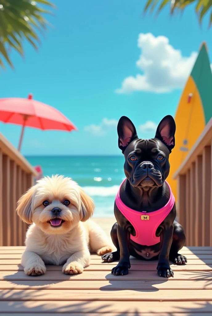 All black female French Bulldog in swimsuit with cream colored male Shih Tzu at beach house