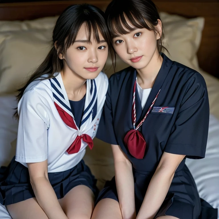 (Masterpiece, Best quality:1.4), (Ultra realistic, Photo-realistic:1.2), Natural light, 25 years old actress, Japanese women, Neat and clean, (school uniform, sailor suit, short sleeve suit, traditional Japanese style with white and navy blue colors, detailed red ribbon and navy blue pleated skirt), (Ponytail:1.1), Short wavy hair, Light brown hair color, (Beautiful Faces), Oval face, clear, (Beautiful eyes, Kind eyes), (Clear skin), Small face, (Small mouth), (Beautiful mouth), Natural makeup, Approachable, Luxury hotel Suite room, On bed, Seductive smile, (Seductive pose:1.2), (Beautiful thighs:1.1), (Bedroom eyes), (nsfw:1.1), (lesbian couple:1.1), (petting together), obscene reality of girls, (?????? rub:1.1),