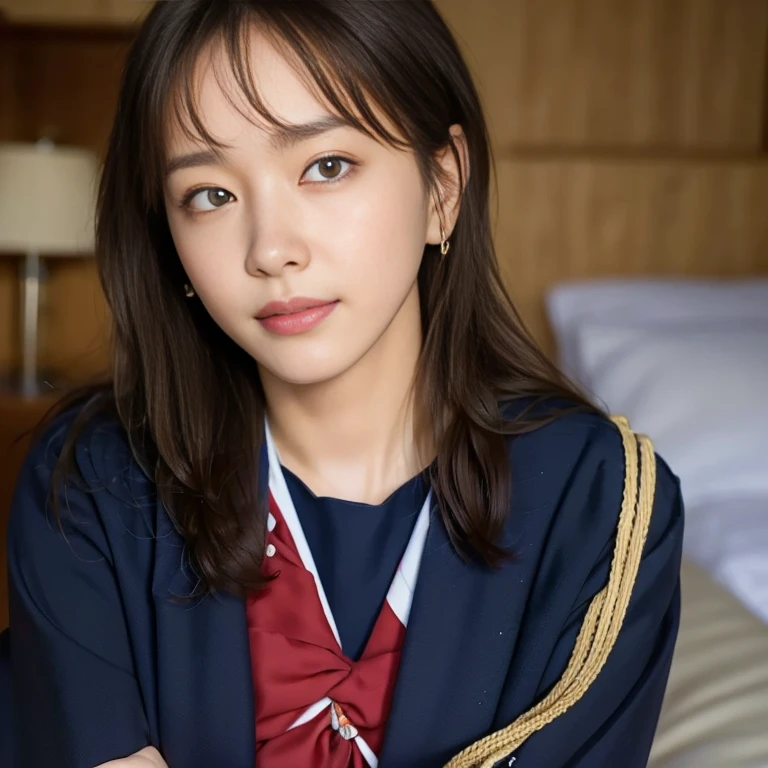 (Masterpiece, Best quality:1.4), (Ultra realistic, Photo-realistic:1.2), Natural light, 25 years old actress, Japanese women, Neat and clean, (school uniform, sailor suit, short sleeve suit, traditional Japanese style with white and navy blue colors, detailed red ribbon and navy blue pleated skirt), (Ponytail:1.1), Short wavy hair, Light brown hair color, (Beautiful Faces), Oval face, clear, (Beautiful eyes, Kind eyes), (Clear skin), Small face, (Small mouth), (Beautiful mouth), Natural makeup, Approachable, Luxury hotel Suite room, On bed, Seductive smile, (Seductive pose:1.2), (Beautiful thighs:1.1), (Bedroom eyes), (nsfw:1.1), (lesbian couple:1.1), (petting together), obscene reality of girls, (crotch rub:1.1),