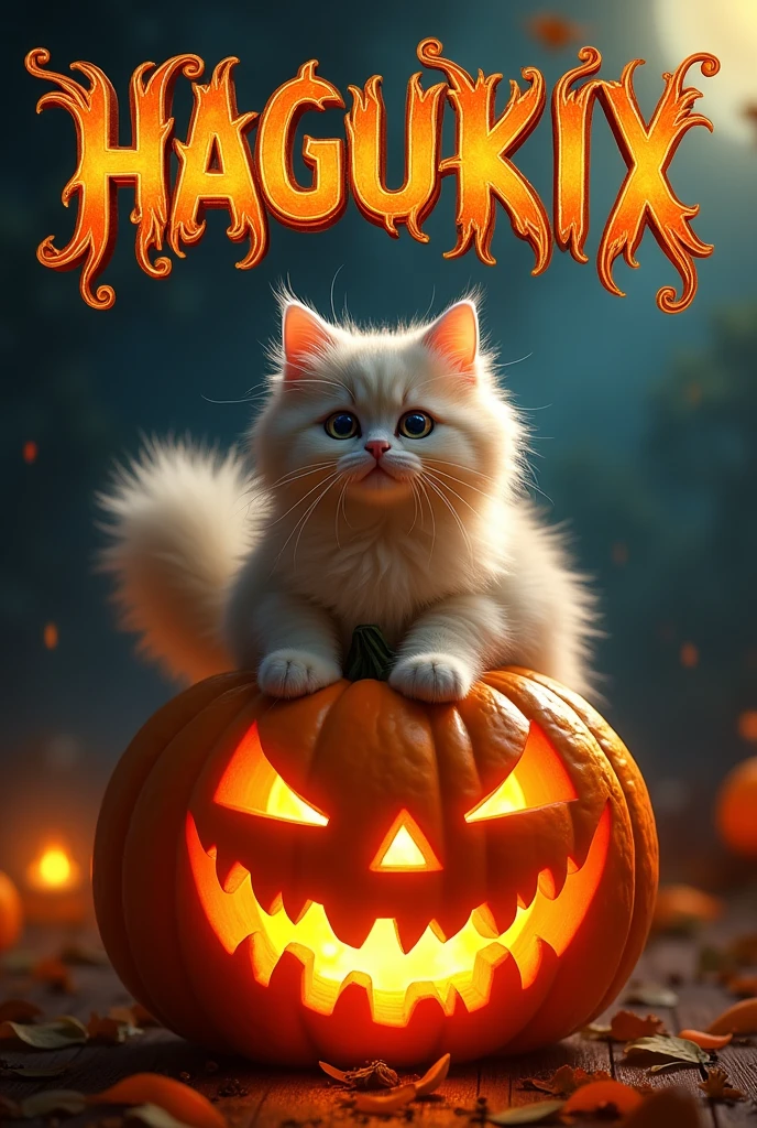 Long-haired cats、sitting on top of a jack-o'-lantern、The background is the word HAGUKIX