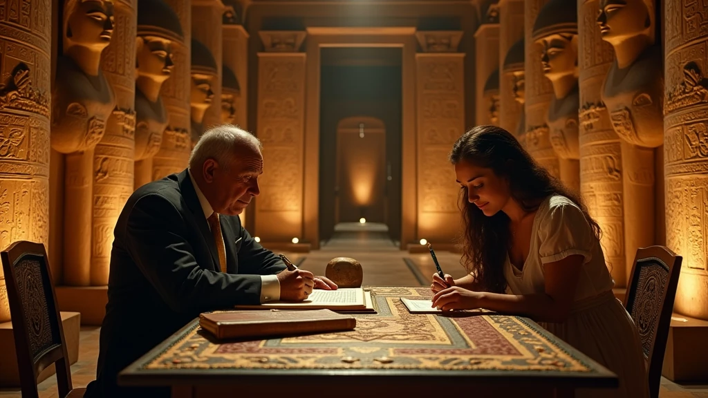 A cinematic image from a historical film, depicting the luxurious interior of a pyramid in ancient Egypt. The scene shows an elaborate room with opulent sarcophagi adorned with gold inlay and intricate carvings. Renowned archaeologist Howard Carter sits at a table, writing notes in a diary, as an assistant, with an archaeologist&#39;s brush, cleans the artifacts with a look full of admiration and discovery. The walls of the pyramid are decorated with impressive hieroglyphic murals, that cast a warm and mysterious atmosphere over the entire scene. cinematographic, architechture, fot.