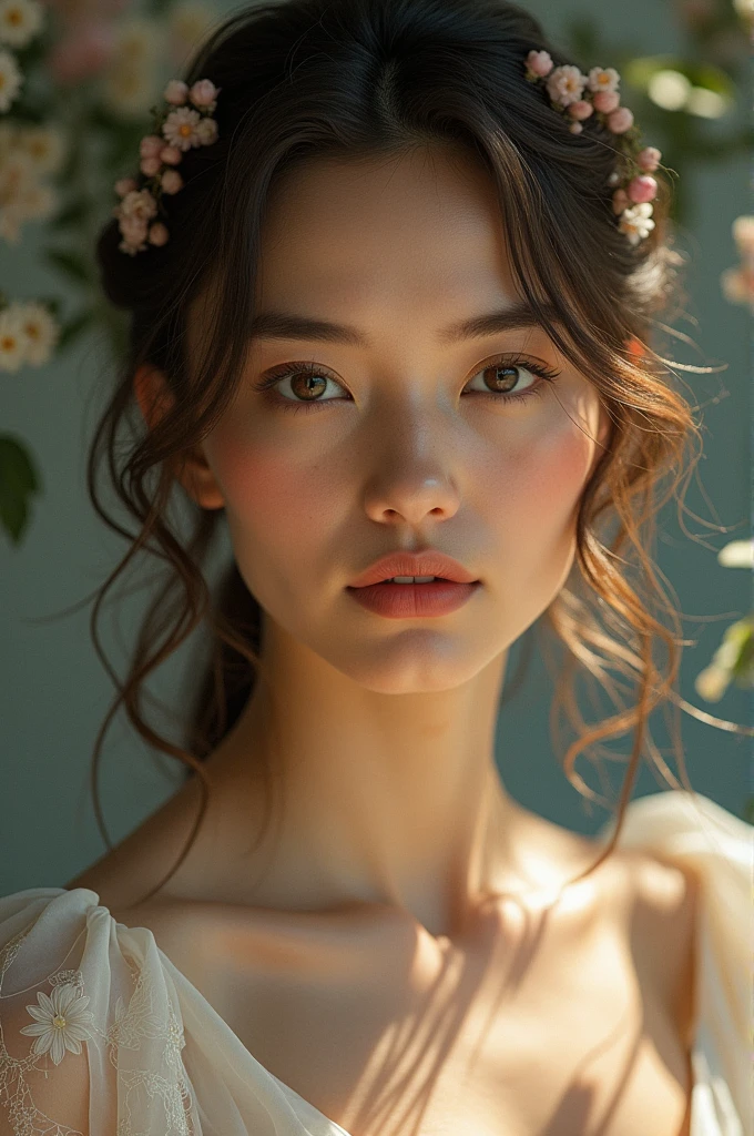 A woman, sensual, she is an adult, brown hair tied in two buns, (((a woman with tied in two buns 1.7)))(((very beautiful))), perfect faces, she is surrounded by white flowers in her room, dark and cold palette, beige dress that fits her body, brown eyes, 8K, modest clothing, extremely detailed, (high quality, realistic, photorealistic: 1.37), ideally defined proportions, meticulously crafted features, inaccessible beauty, perfection, artistic art, vivid realism, hyper-detailed sculpting, realistic shapes, truly inspiring, impeccable craftsmanship, pure brilliance, ethereal beauty, delicate contours, striking poses, sublime beauty, subtle nuances, dynamic compositions, vibrant colors, perfect lighting, moving expressions, heavenly aura, majestic presence, dreamlike atmosphere, unmatched high level of detail, high-octane rendering in artstation, 8k art photography, concept art photorealistic, volumetric cinematic soft natural light, chiaroscuro, award winning photography, fine art, oil on canvas, beautiful, detailed, intricate, insane