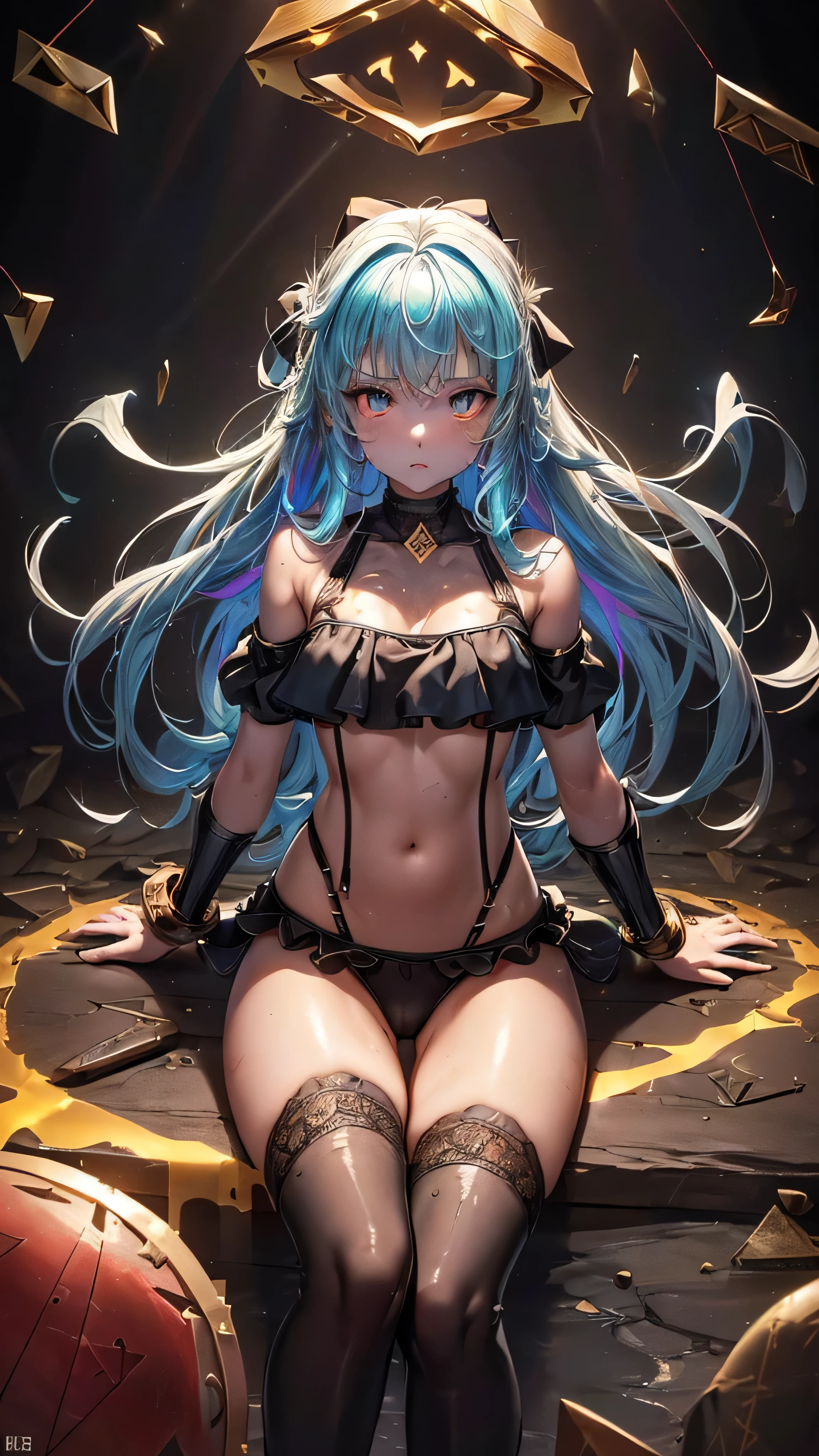 (golden ratio:1.2),[(black backdrop:1.4)::10],(work of art), (best qualityer), (ultra detaild),(Shaggy hair),(illustration),(delicate detailed), (details Intricate), (cinematic light, best qualityer Backlights), clear line, from low, woman alone，perfect bodies，(1 girl),slime girl,whole body,(Watery and transparent skin(/Reflects colorful light)/:1.3),long straight hair,breasts big,Waist slender,(average ass:1.3),peach ass,(Extremely small sling bikini:1.3),Glamorous and sexy swimwear,(The suspender bikini is tied with a beautiful bow:1.3)+(Black mini dress with fluffy lace:1.3)+(Top with ruffles on the shoulders:1.3),The skirt disappeared,(Sits above an anvil:1.3),(This anvil is an artifact depicted with sacred runes:1.4)+(glowing red runes:1.3)+(Golden finish and gray-black body:1.3),hinterland,inside a warehouse,(Fragmented precious metals:1.3),(Superalloy steel is stacked nearby:1.2)