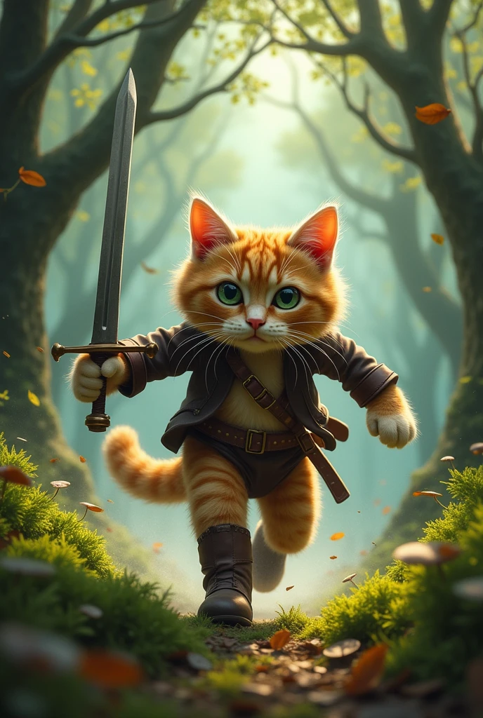 Create a cat in boots, give it a sword, it's running from an evil ghost.