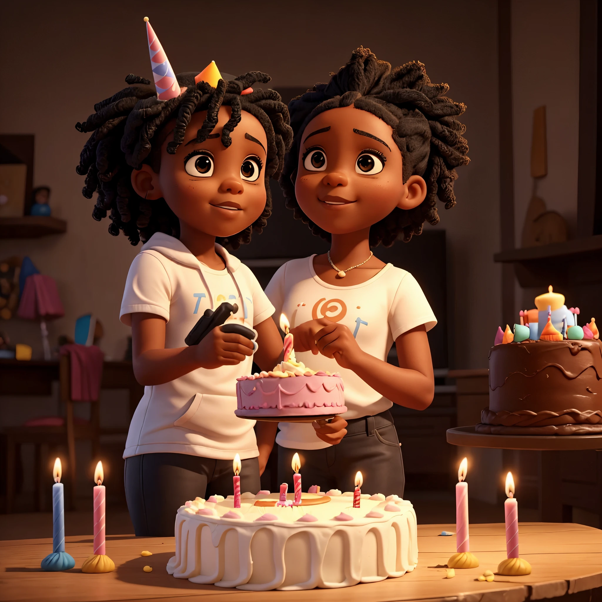 A 5-year-old Black girl blowing out candles on a birthday cake, and a Black father with a camera in his hand.