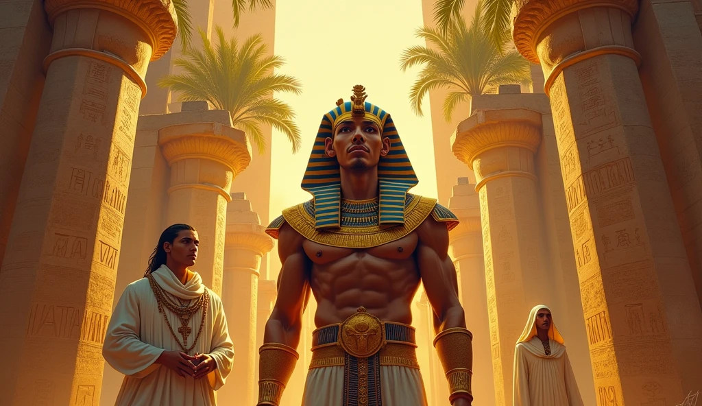 oil painting, Egyptian pharaoh and Egyptian priest standing behind the pharaoh