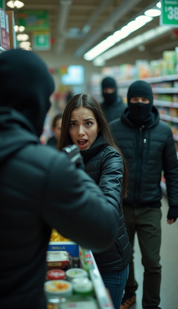 Create a high-quality 3D image of the supermarket’s checkout area during the
robbery. Three masked robbers, dressed in dark clothing and armed with handguns, are at
the front of the store. The lead robber, wearing a black ski mask, is pointing his gun at the
frightened cashier, a young woman with a terrified expression. The other two robbers are
watching the onlookers, who are cowering and looking fearful. The camera angle
is at eye level, capturing the tension and fear among the shoppers. The lighting is dimmer
here, creating a dramatic and suspenseful mood.