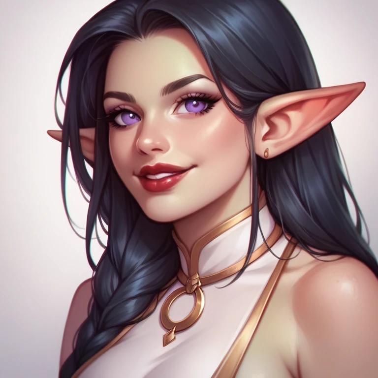 btd,1 girl, goblin, elf,_female,(work of art, detailed back ground, best qualityer),long shiny hair,black hair,rag clothes, pretentious smile, juicy lips, bitch_juice, Red lips, perfects eyes, purple eyes, greenish skin.