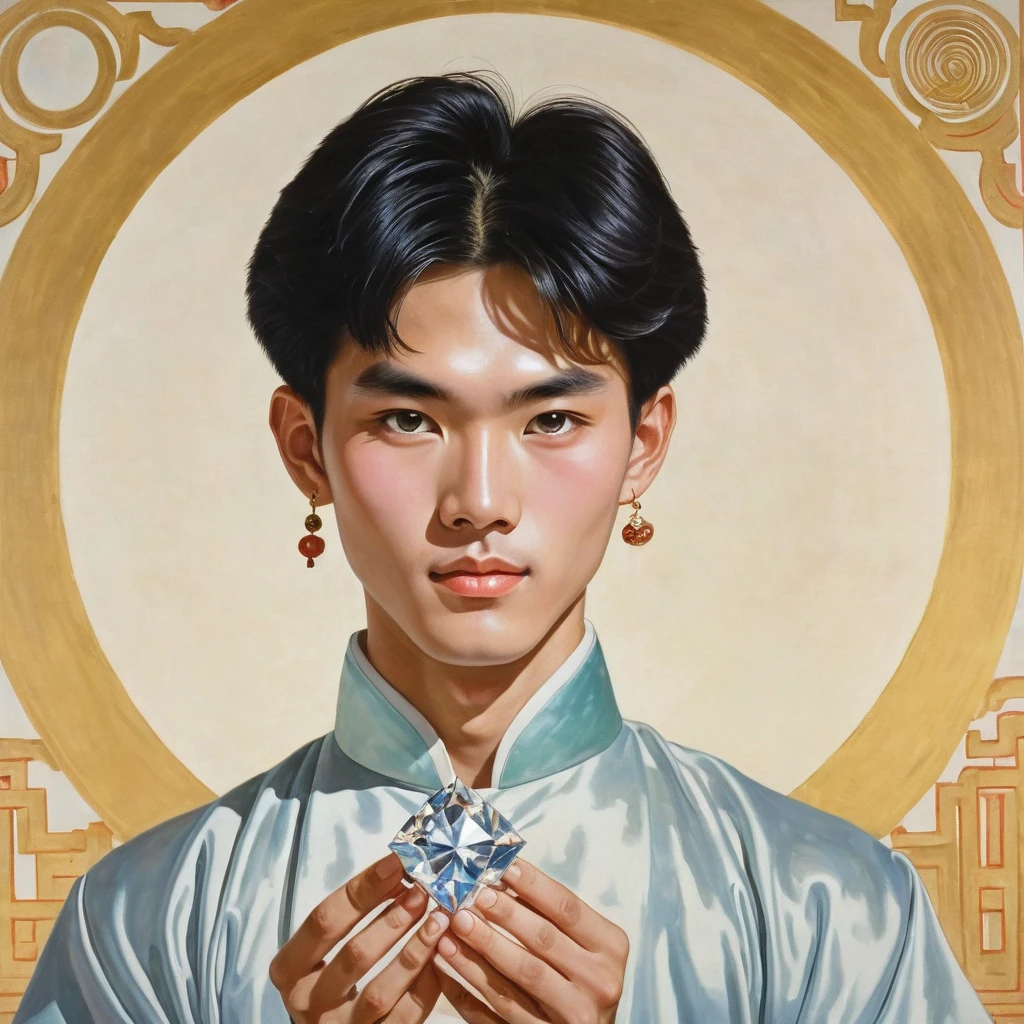 Portrait of Geminian Student in Spiritual Style Holding His Diamond, School, Careness Theme, Chinese Culture, 1980s Era, Sagittarian Energy, Mercury Style Art, Twin Embodiment