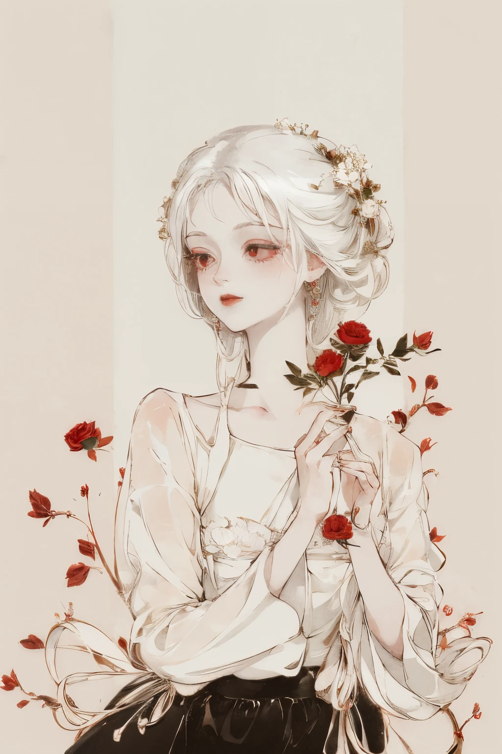 (best quality, masterpiece), (1 girl, solitary, Black skirt, Everlasting , Looking at the audience, White hair, Red Eyes, Holding roses, Residence, Upper Body), Butterfly