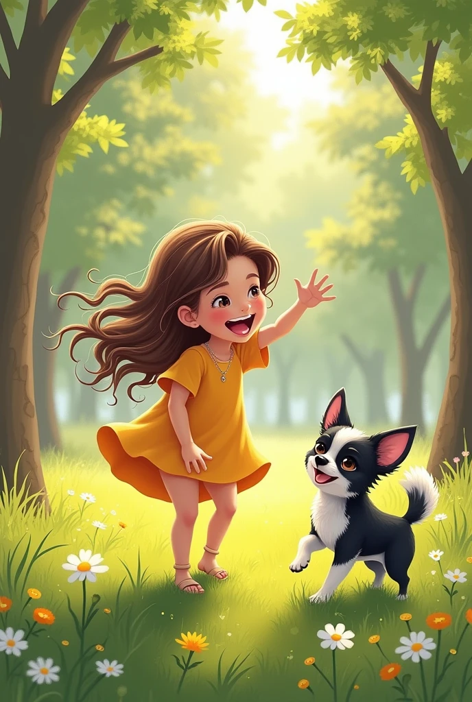 A girl with brown hair with her small black and white chihuahua dog 