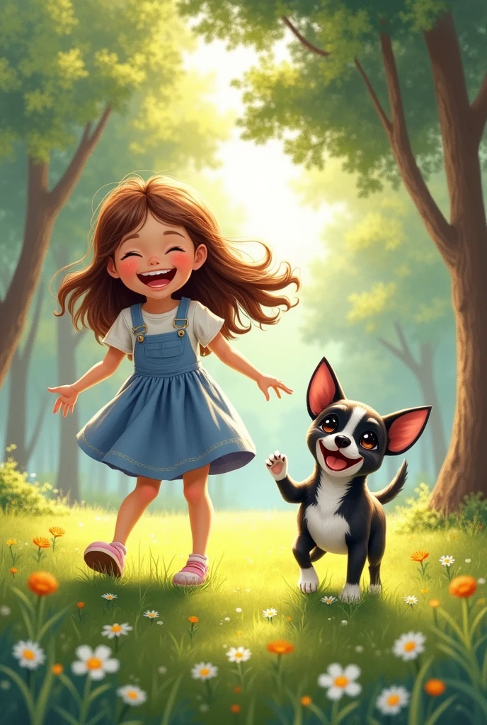A girl with brown hair with her small black and white chihuahua dog 