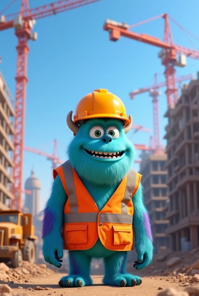 Sullivan from Monster Inc with orange construction helmet and orange construction vest.
