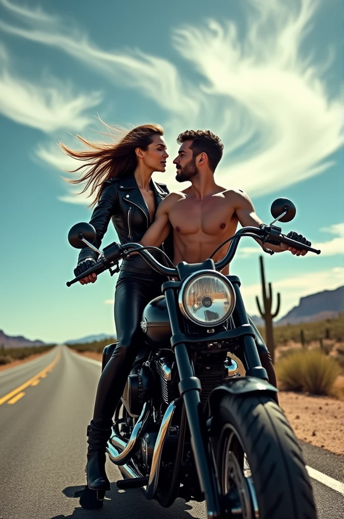 An attractive woman on a motorcycle with a naked man tied to the back.