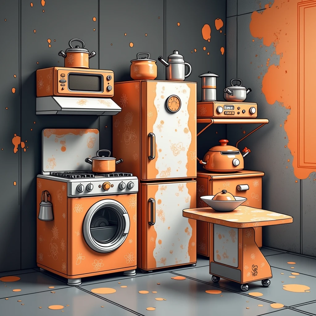 appliances, regale, display case, orange lines, black and gray background, industrial, banner horizontal, cartoonized, paint flecks