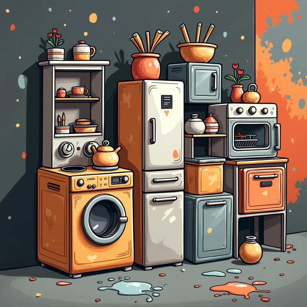 appliances, regale, display case, orange lines, black and gray background, industrial, banner horizontal, cartoonized, paint flecks