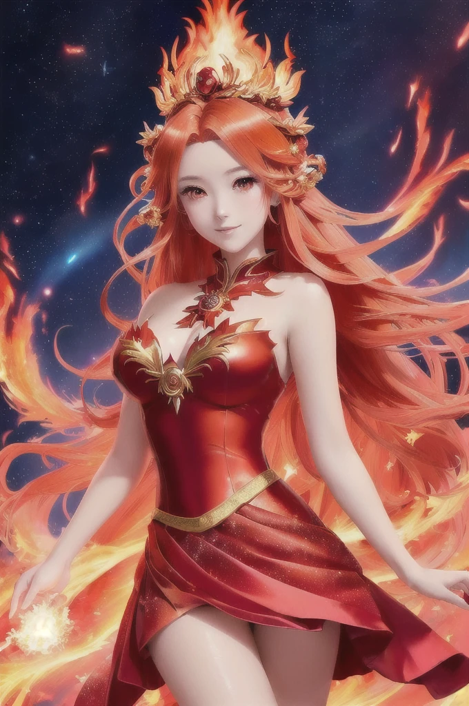 anime girl in red dress with fire and stars, goddess of fire, fantasy art style, the fire queen, fire dress, fire goddess, appears as the fire goddess, holy fire spell art, beautiful celestial mage, lava and fire goddess, anime fantasy artwork, hot fire goddess, anime goddess, 8k high quality detailed art, anime fantasy illustration, dress made of fire