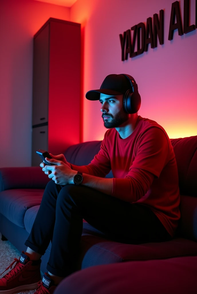 (photorealism:1.2), beautiful man , sitting on sofa in gaming room, wearing red shirt , black pants,red sneakers, black cap,indoors, soft lighting, playing pubg on ps4,cozy room, gaming pose, realistic, intricate details, warm colors, Write Yazdan Ali with capital fonts on the wall.