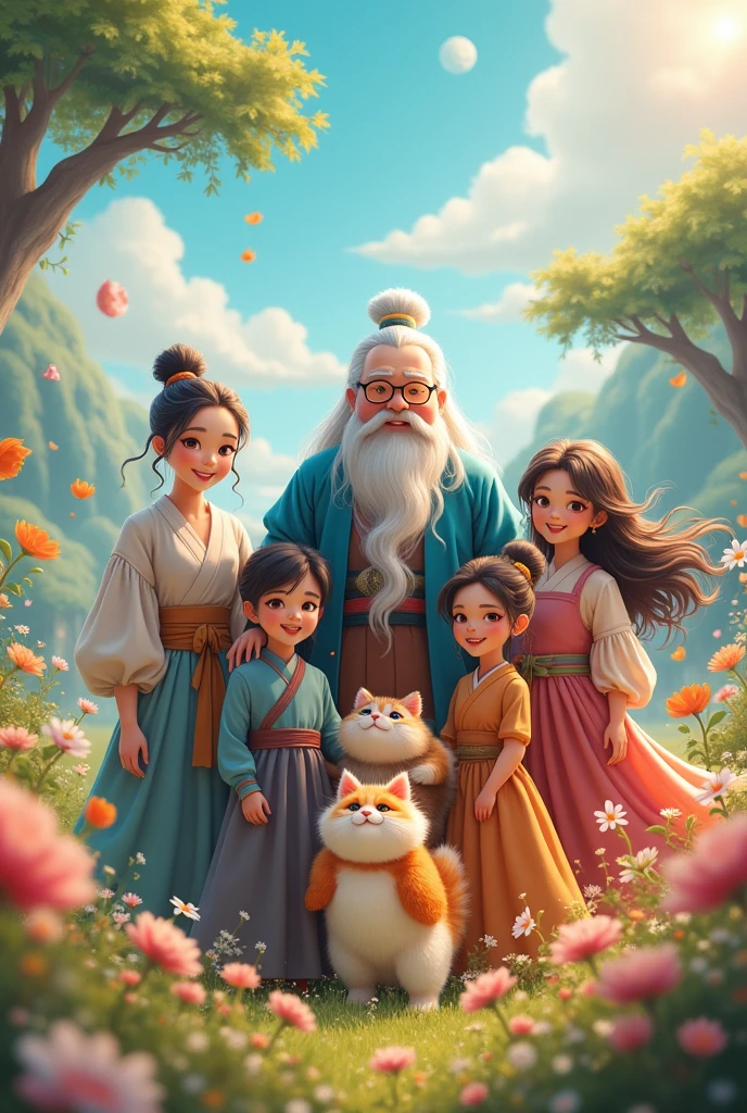 a whole family in a fantasy world, 1girl with rainbow colored hair,1whites and orange fat cat, 1woman with hair in a bun, 1man with long hair, 1man with glasses,1woman with a.ponytail, 1man in blue daoist robe cinematic, highly detailed, 8k, photo-realistic, concept art, xianxia fantasy, happy lighting, light hearted atmosphere, epic scale, mystical elements, intricate details, lush environment, vibrant colors, magical creatures, otherworldly landscapes, surreal and imaginative