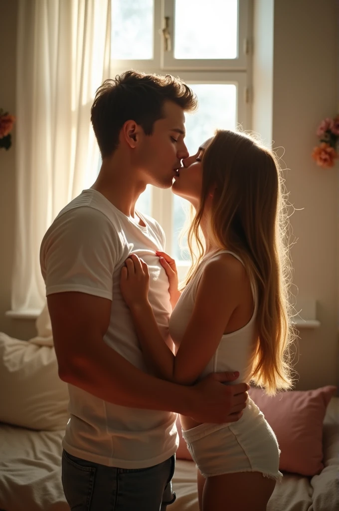 Create an image of a boy and
Girl kissing with lips in romantic way that to
Girl lifting boy's t-shirt in way boy
Gym body appear with background having
Window