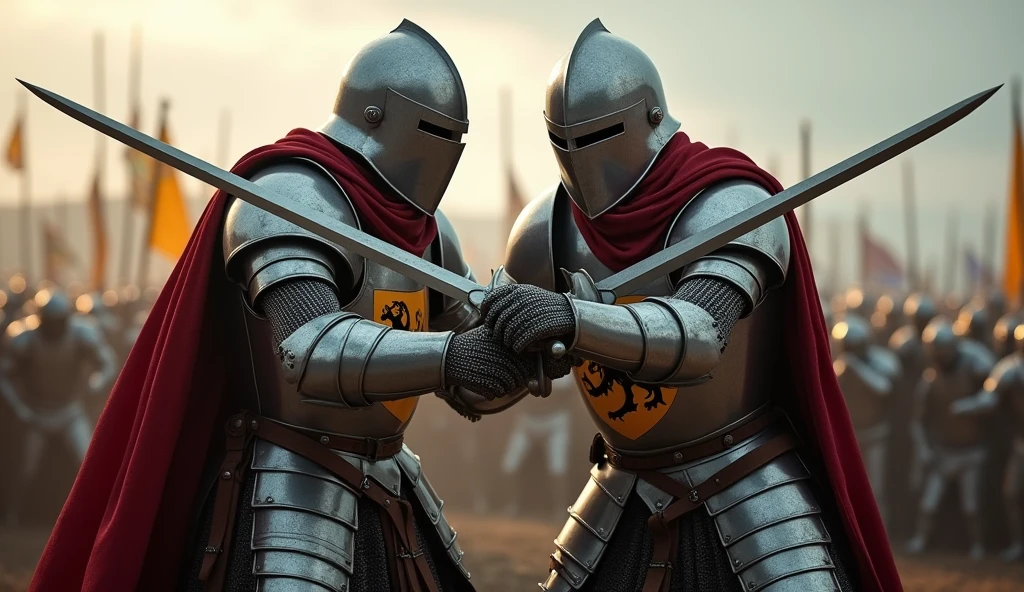 A highly realistic, high-contrast, 8K HD, detailed, hyper-detailed image of two medieval knights fighting side by side on the battlefield. The knights, clad in steel armor with lion emblems on their tunics and helmets fully covering their faces, work together in fierce combat against their enemies. Each knight swings his sword with precision and strength, supporting his comrade in the heat of battle. The atmosphere is intense, capturing the unity and bond between the two as they fight with determination. The image is of the highest quality, with ultra-high resolution, RAW photo quality, and Unreal Engine rendering, showcasing the strength and camaraderie of the two knights as they stand together, with the lion emblem proudly displayed on their armor.