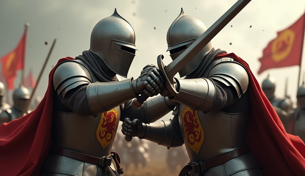 A highly realistic, high-contrast, 8K HD, detailed, hyper-detailed image of two medieval knights fighting side by side on the battlefield. The knights, clad in steel armor with lion emblems on their tunics and helmets fully covering their faces, work together in fierce combat against their enemies. Each knight swings his sword with precision and strength, supporting his comrade in the heat of battle. The atmosphere is intense, capturing the unity and bond between the two as they fight with determination. The image is of the highest quality, with ultra-high resolution, RAW photo quality, and Unreal Engine rendering, showcasing the strength and camaraderie of the two knights as they stand together, with the lion emblem proudly displayed on their armor.