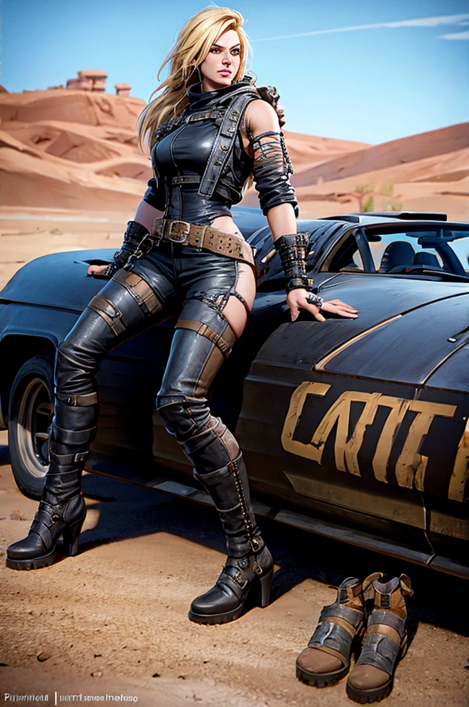 blond haired woman in leather pants leaning on a car in the desert, mad max inspired, mad max style, in mad max style, octane cgsociety, mad max fury road style, octane trending on cgsociety, apocalyptic road warrior vibe, octane. trending on artstation, cyberpunk 2 0 y. o model girl, diesel punk female, cgsociety inspired, mechanic punk outfit