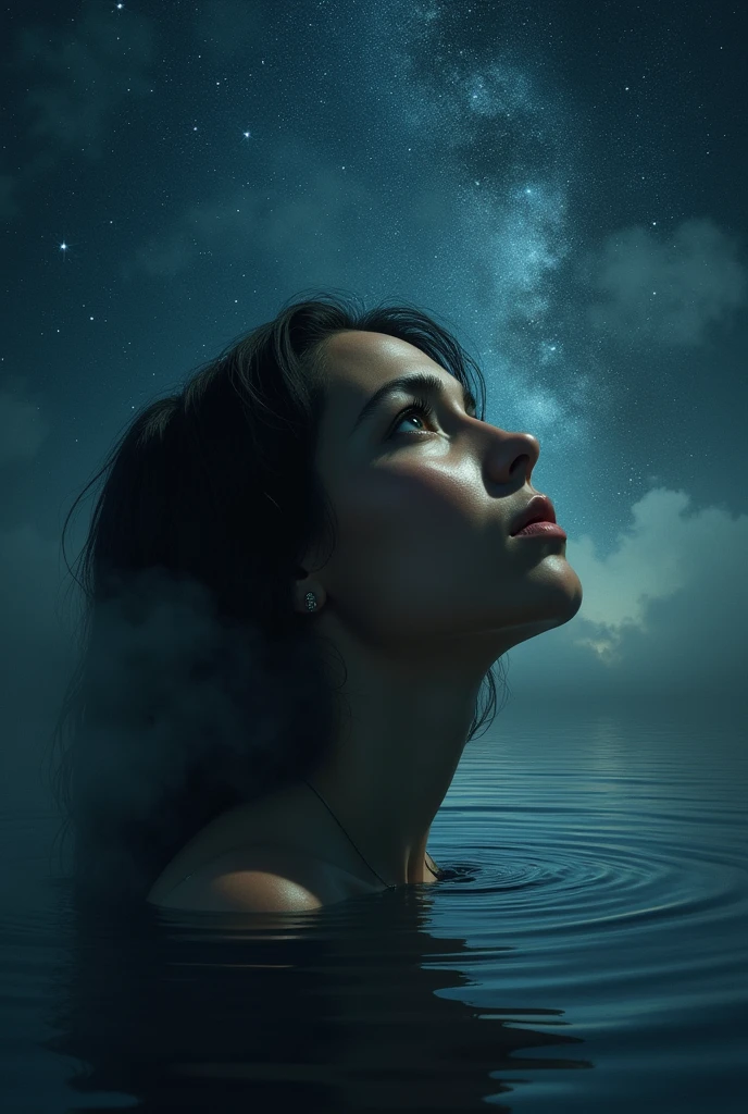 Detailed realistic portrait silent whispers roaming the night skies addiction lingers fighting an endless battle calm waters cold chills rise depths of confusion settled in