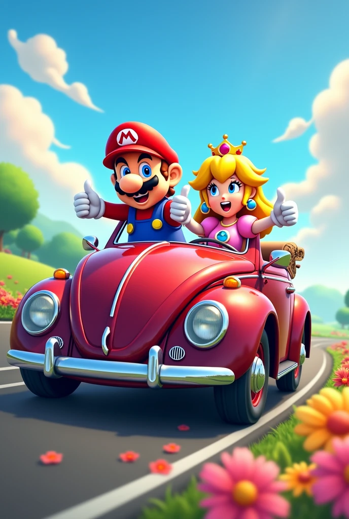 A dark wine colored Beetle, Mario bros and Princess Peach are sitting behind the wheel and put their hand out the side window and show thumbs up like. Cartoon style image of Mario Word