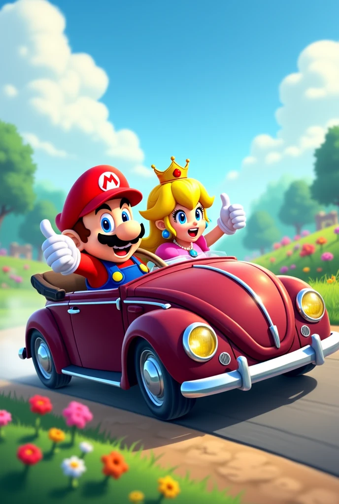 A dark wine colored Beetle, Mario bros and Princess Peach are sitting behind the wheel and put their hand out the side window and show thumbs up like. Cartoon style image of Mario Word